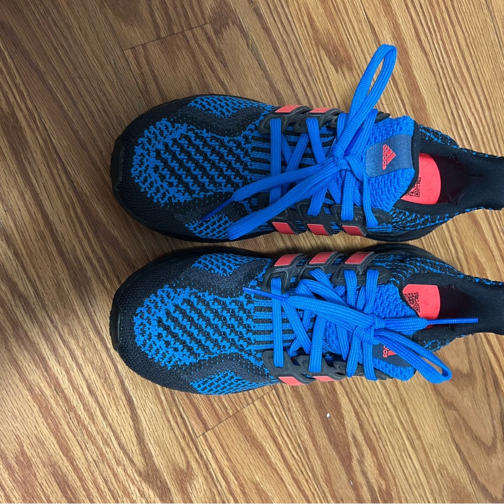 adidas Kids Blue and Black Knit Running Sneakers with Red Accents